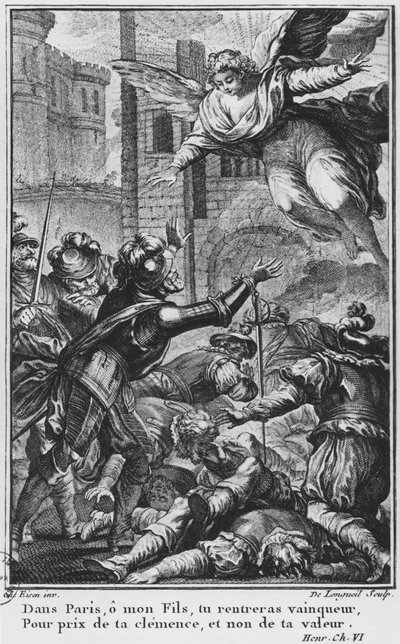 Siège de Paris, apparition de Saint Louis (1214-70) à Henri IV (1553-1610) gravé par Joseph de Longueil (1730-92) illustration de 